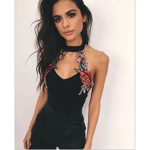 

Womens Lady Female V Neck Bodycon Sleeveless Bodysuit Jumpsuit Floral Embroidery Backless Bodysuit Summer Fashion Clothes