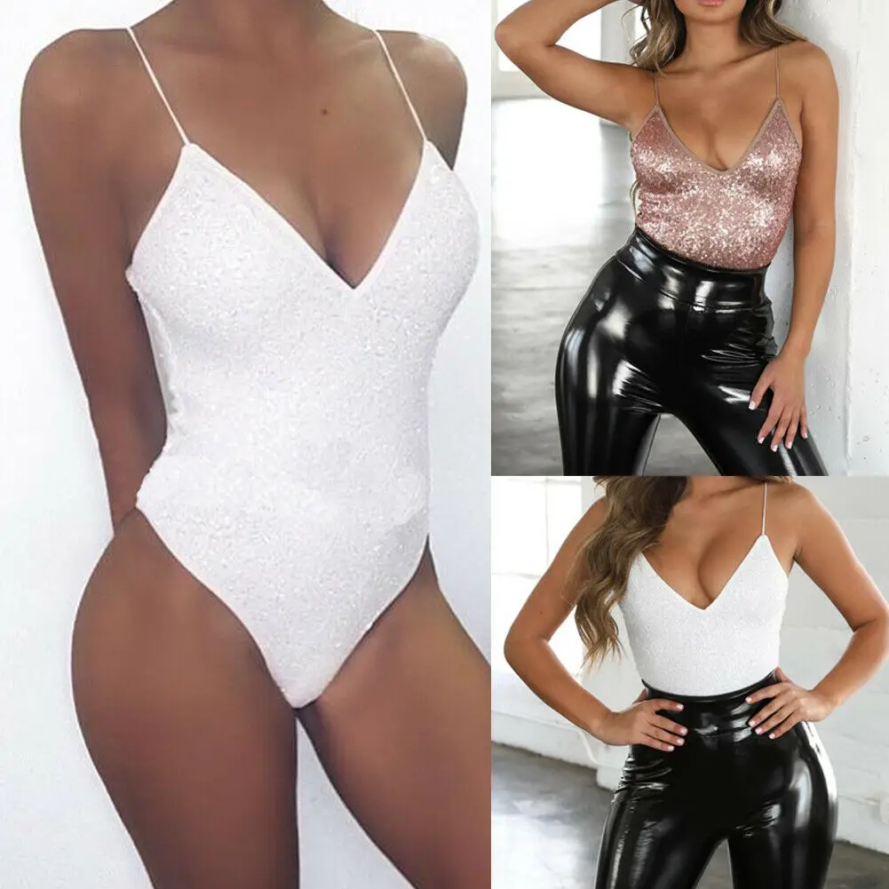 

2019 New Style Hot Fashion Women Sequin V Neck Bikini Shirt Bodysuit Solid V Neck Sexy Sleeveless One-Piece Suits Swimmer Wear
