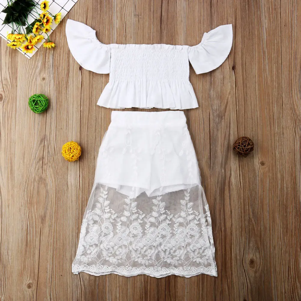 

2019 Summer Toddler Kids Baby Girl White Lace Floral Off Shoulder Tops Long Skirt Outfits Clothes 1-6Y