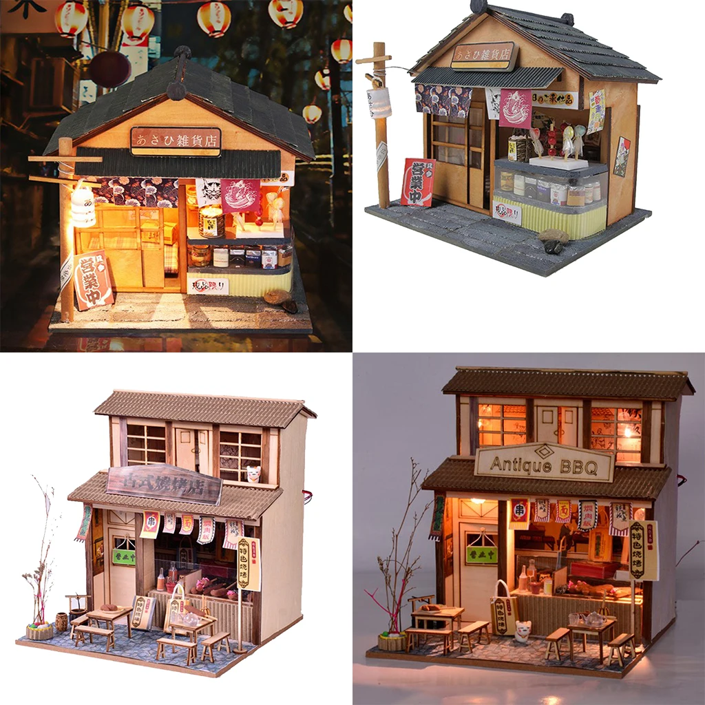 

2 Set 1/24 DIY Handcraft Miniature Project Wooden Dolls House Kids Gift - Antique Barbecue Restaurant & Grocery Store