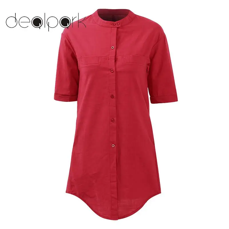 

Autumn Women Vintage Plus Size Long Shirt O-Neck 3/4 Sleeves Button Down Side Pockets Loose Cotton Casual Blouse Solid Color Top