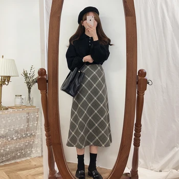

Plus Size Harajuku Long Skirt Korean grey Plaid Skirt Women Zipper High Waist School Girl Pleated Plaid Skirt vintage Long Skirt