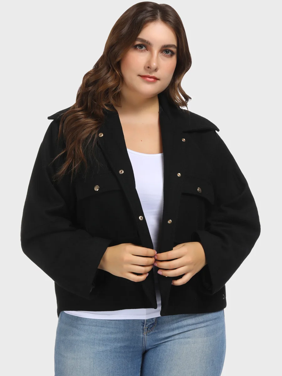 Bouton Grande Recadrée Black Laine Taille Femmes Revers Patte Manteau Col Mélanges À 5vYnxSO
