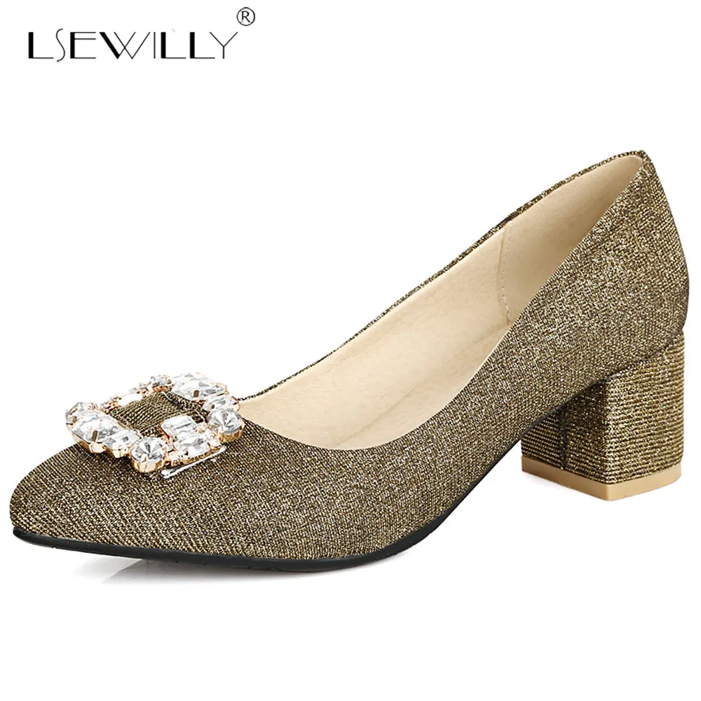 

Lsewilly New Women Pumps High heels Lady Sequins Cloth Thick with Spring Pointed Toe Single Shoes Female Big Size 34-45 E444