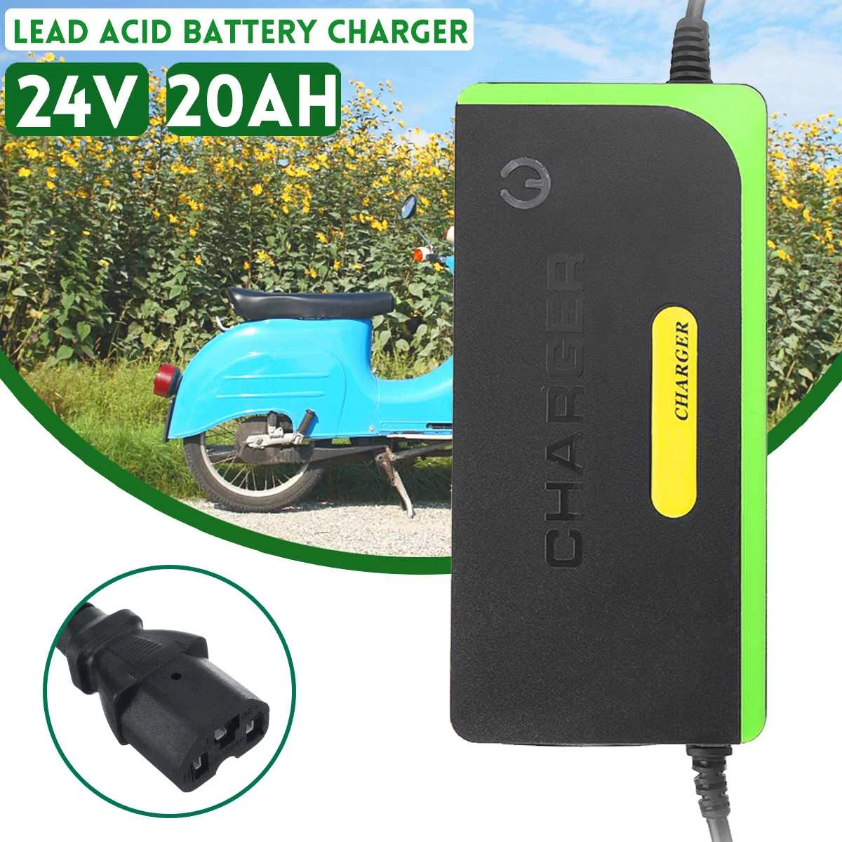 

24V 20AH Intelligent Fast Lead Acid Battery Charger Green For Car Motorcycle Electric Bicycle Bike Scooters
