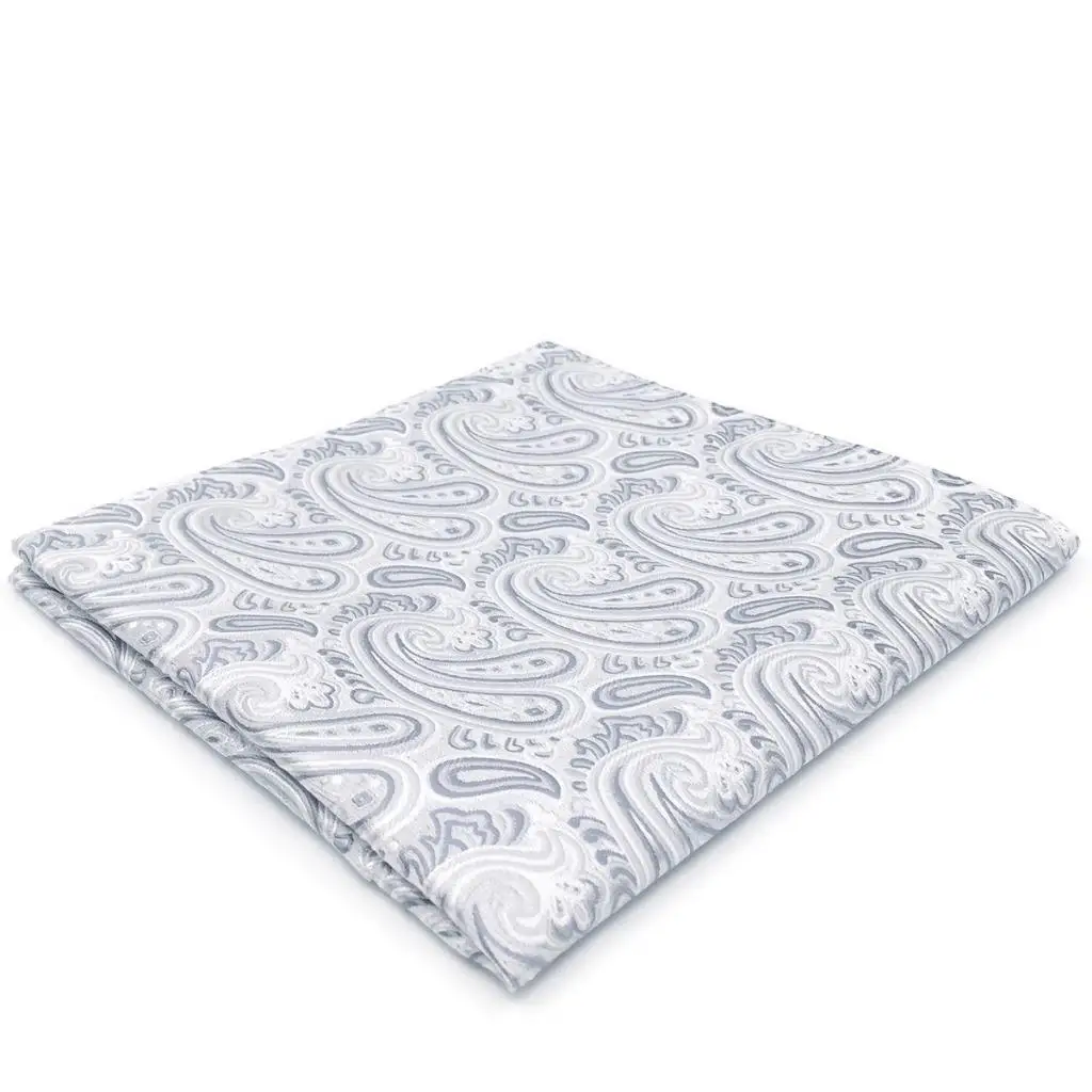 

AH31 Fashion Classic Mens Pocket Square Silver Paisley Silk Jacquard Woven Handkerchief 12.6"