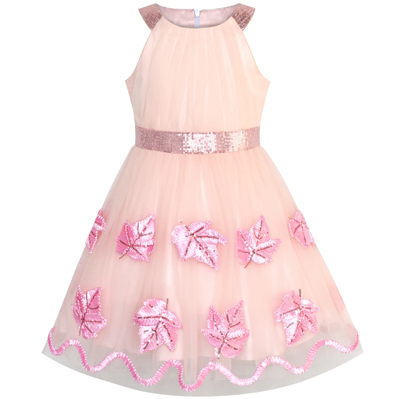 Flower Girl Dress Pink Maple Leaf Embroidered Halter 2020 Summer Princess Wedding Party Dresses Kids Clothes Pageant | Детская одежда и