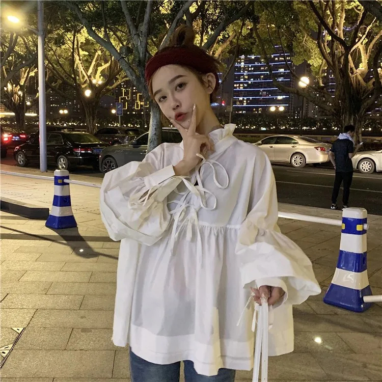 

2019 New Spring Summer Stand Collar Long Sleeve Blouse Solid White Ruffles Split Joint Onesize Shirt