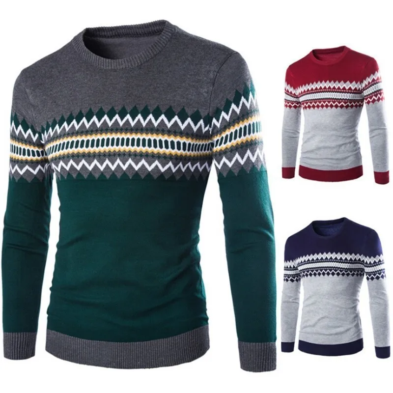 Zollrfea Men Casual Full Sweater Men Fashion New O-Neck Patchwork Quality Knitted Male Sweaters Plus Size 2XL AD00163