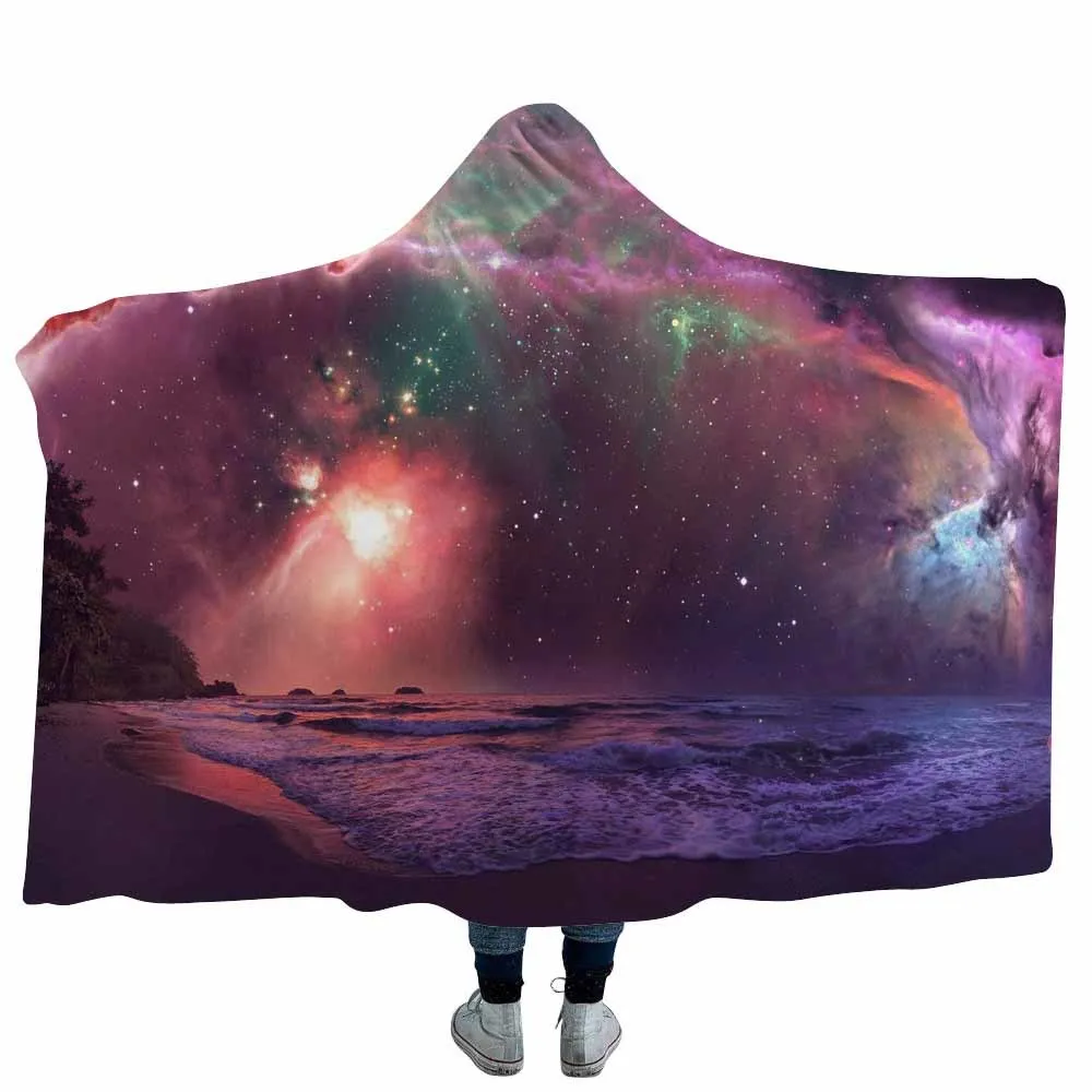 

3D Winter Psychedelic Planet Cosmic Sky Warm Hooded Blanket Fashion Fleece Super Soft Hoodie Throw Blankets Home Textiles