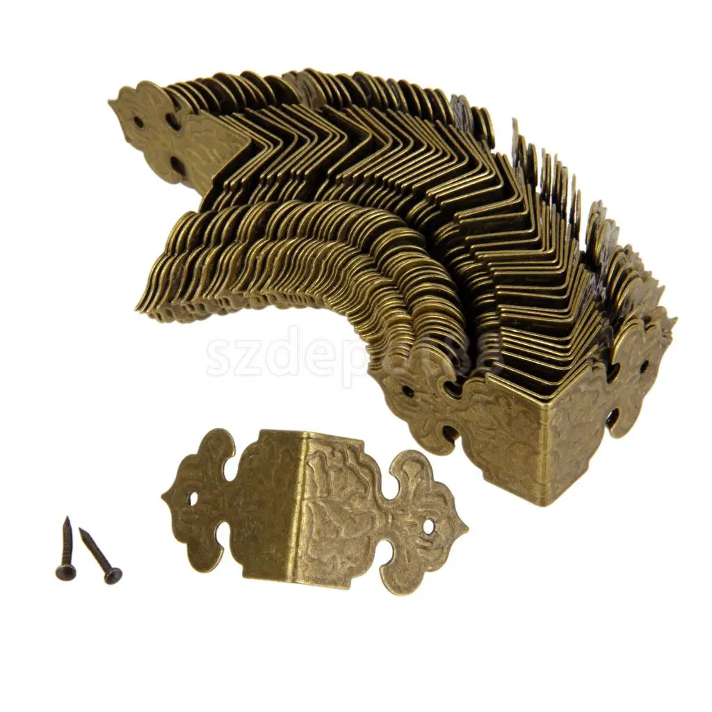 

100x Antique Jewelry Gift Box Wood Case Trunk Corner Decor Protector Golden