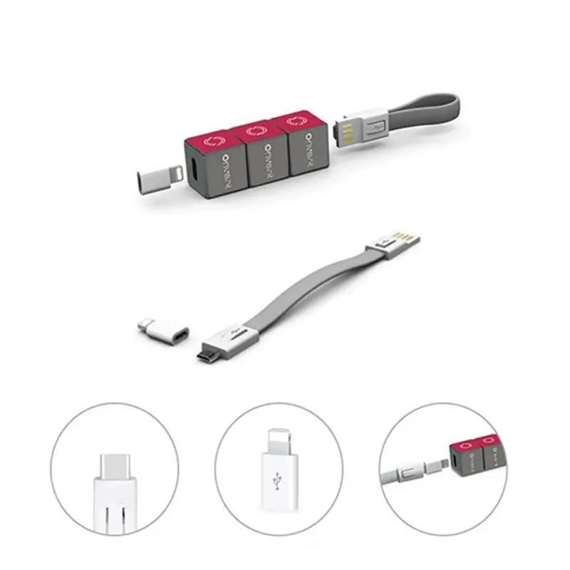 

Multifunctional 2 in 1 Untangled Android Data Cable with iPhone Type C Adapter Soft Rubber Rotating Cube Key Chain