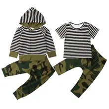Одежда для малышей 2 предмета, топы в полоску для новорожденных мальчиков, футболка камуфляжные длинные штаны, одежда для детей от 0 до 24 месяцев