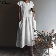 Женское винтажное льняное платье, лето размера плюс, женский сарафан с коротким рукавом, Повседневная Свободная плиссированная рубашка, vestidos, 5XL