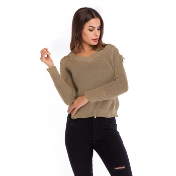 

Autumn Winter Women's V Neck Solid Lace Up Knitting Blouses Loose Oversizes Pullover Sweater Tops For Women Casual Wom