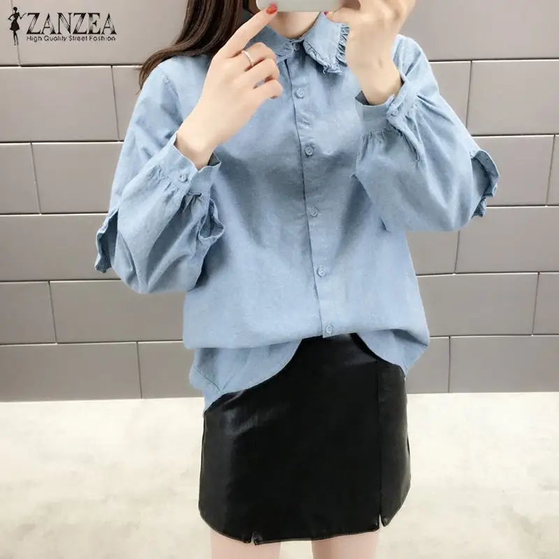 Плюс Размеры Для женщин блузка ZANZEA 2019 в винтажном стиле, с длинным рукавом рубашки на пуговицах вниз сорочка Повседневное шифоновые Блузы