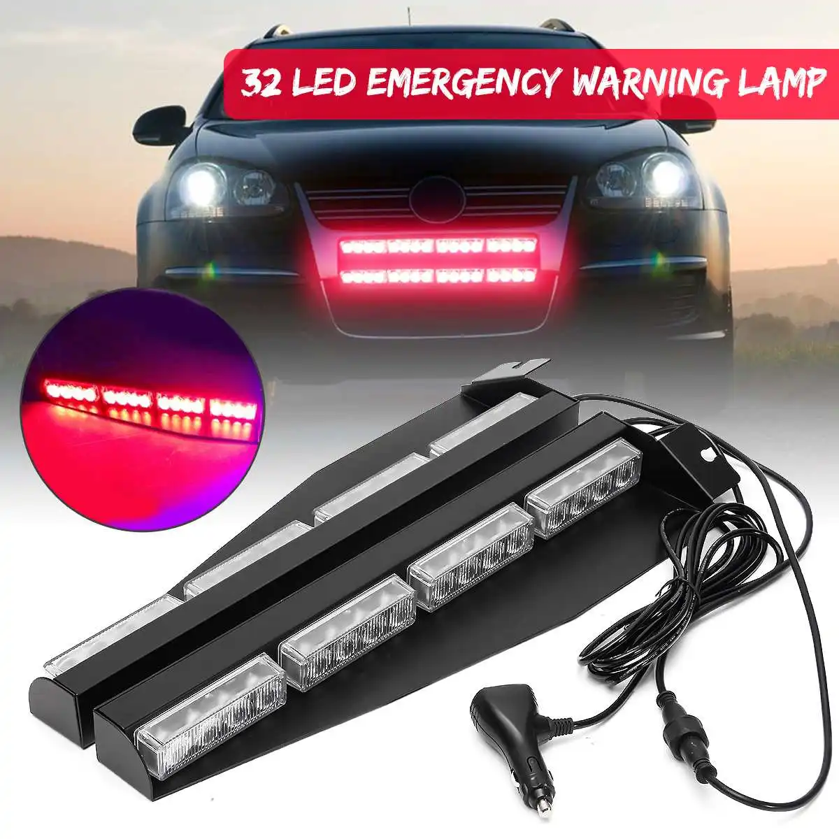 

2 in 1 Led Strobe light with 12V cigarette adapter 32 LED Car Emergency Warning Strobe Split Mount Deck Dash Light Bar Red