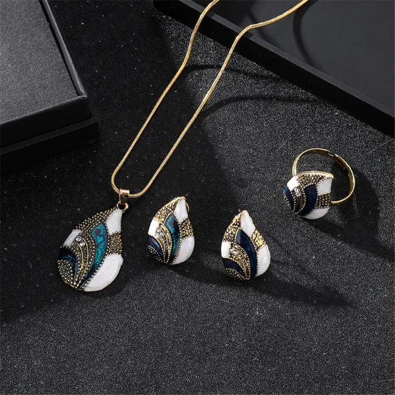 

Women Geometric Water Drop Stud Earrings Chain Necklace Ring Jewelry Set