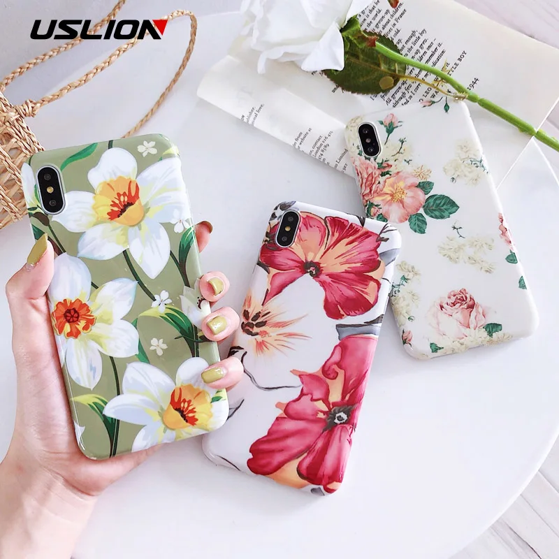 

USLION Colorful Rose Flower Silicon Case For iPhone XS MAX XR X 7 8 6 6S Plus Floral Phone Case Green Leaves Soft TPU Back Cover
