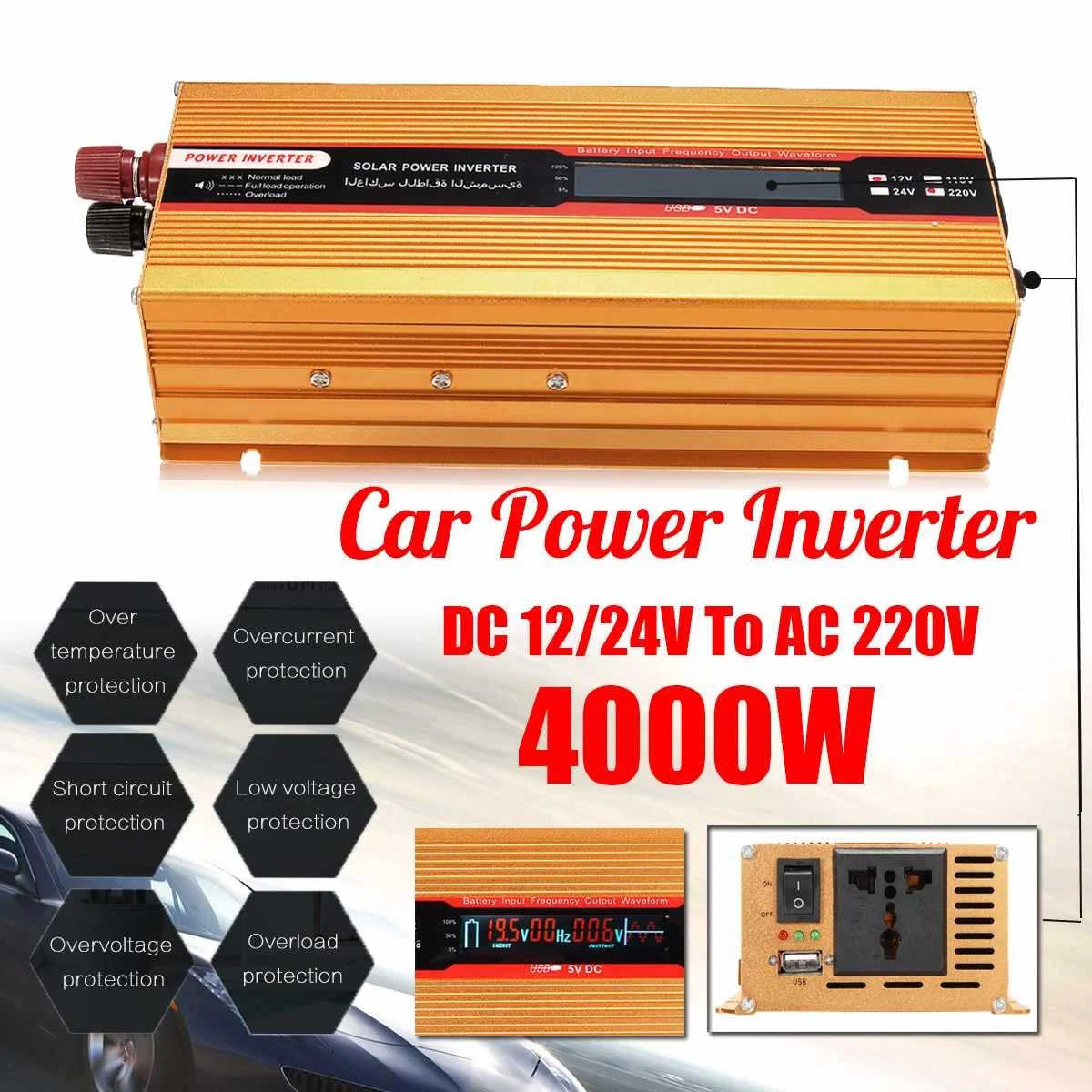 

Car Power Inverter P eak 4000W 12/24V To AC 220/110V USB Modified Sine Wave Converter USB interface Voltage Transformer Universa