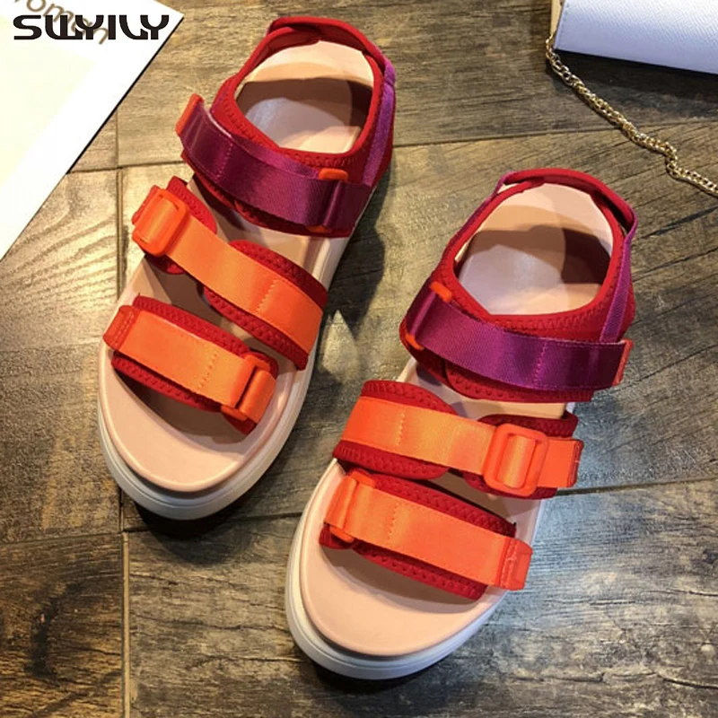 SWYIVY Multicolor Chunky Sandals Shoes Summer 2019 New Hook Look Female Casual Shoes Platform White Sandals For Woman Blue Shoe