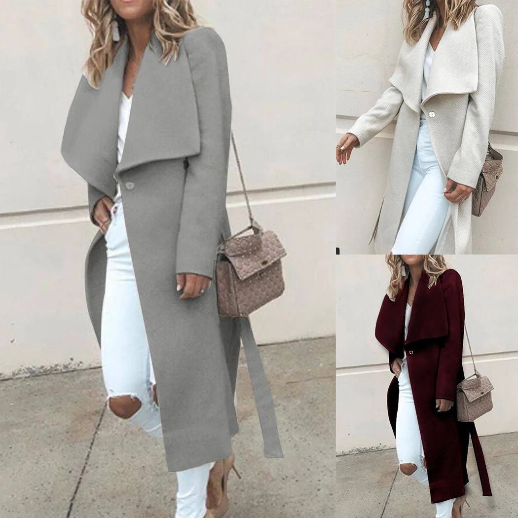 Fashion Women Wool Long Coat Winter Spring Wide Lapel Coats With Belt Outwear Elegant Ladies Solid Color Loose Overcoat Manteau