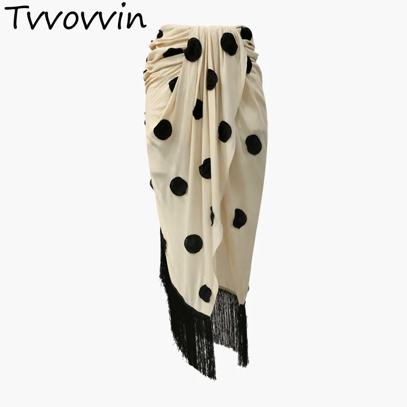 

TVVOVVIN Quality 2019 Autumn Embroidery Polka Dot Tassel Spliced Hem High Split Irregular Skirt New Women'sM0047