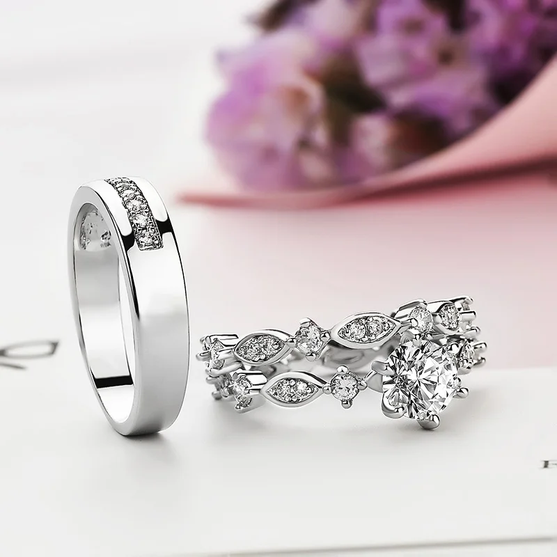 Huitan 2018 NEW Lovers' Romantic Wedding Bands Engagement Rings Set Trendy Couple CZ Jewelry Ring For Women/Men Dropshipping