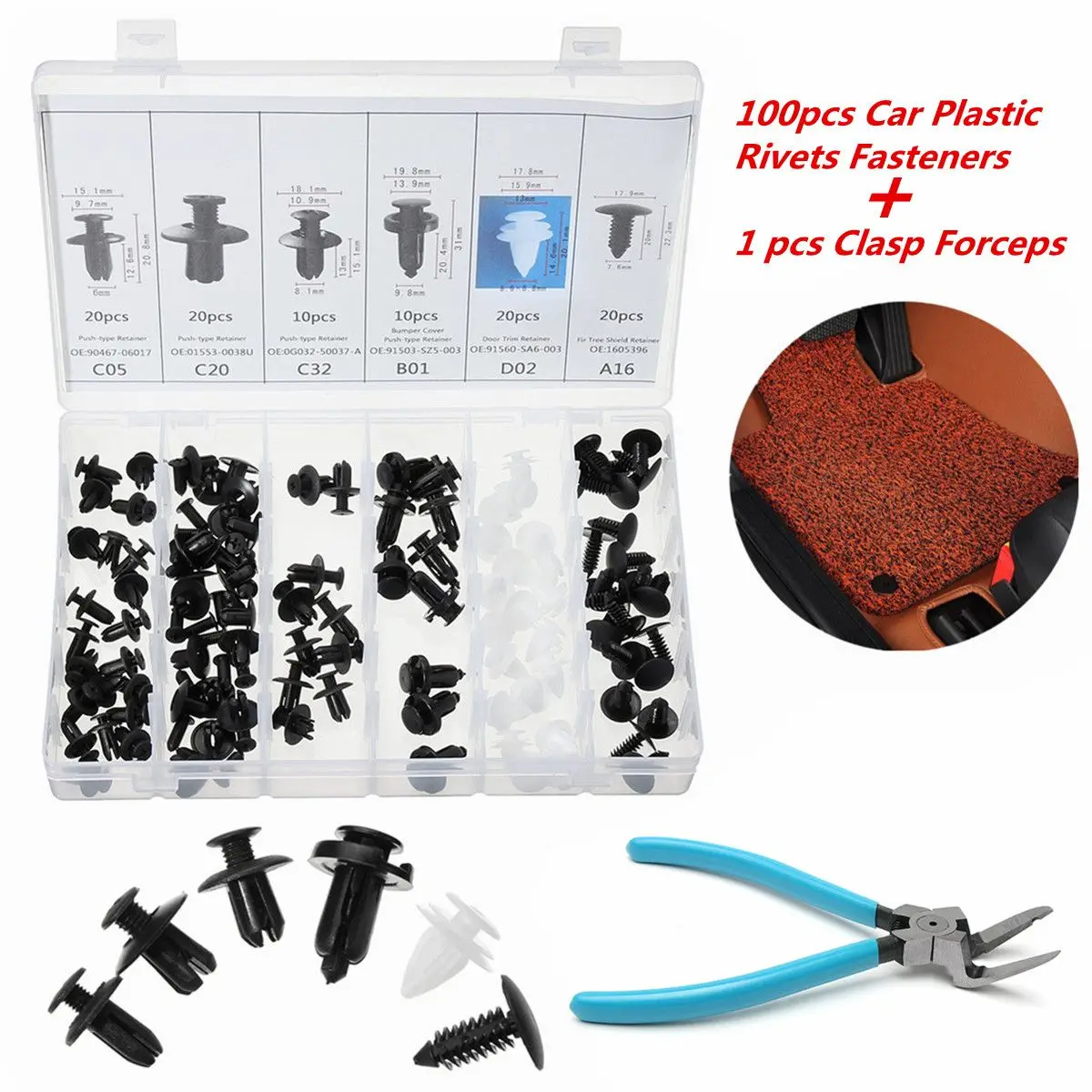 

100Pcs Plastic Clips + Clasp Forceps Car Door For Fender Push Pin Rivet Trim Clip Panel Body Screws Push Type Retainer Kit