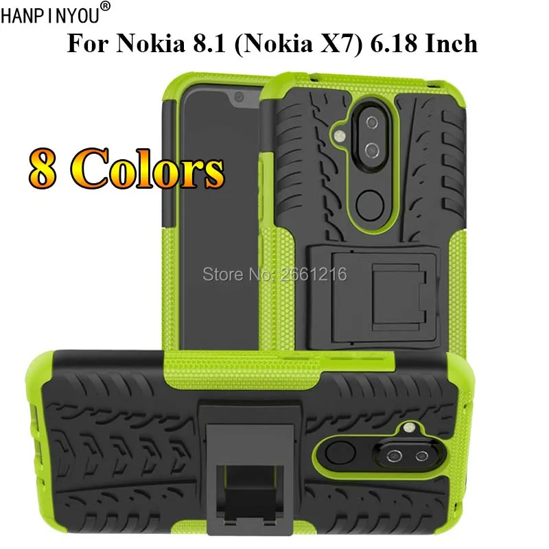 For Nokia 8.1 (Nokia X7) TA-1131 6.18&quot Dazzle Shockproof Soft Silicone &amp Hard Plastic Dual Armor Back Case Stand Holder Cover |