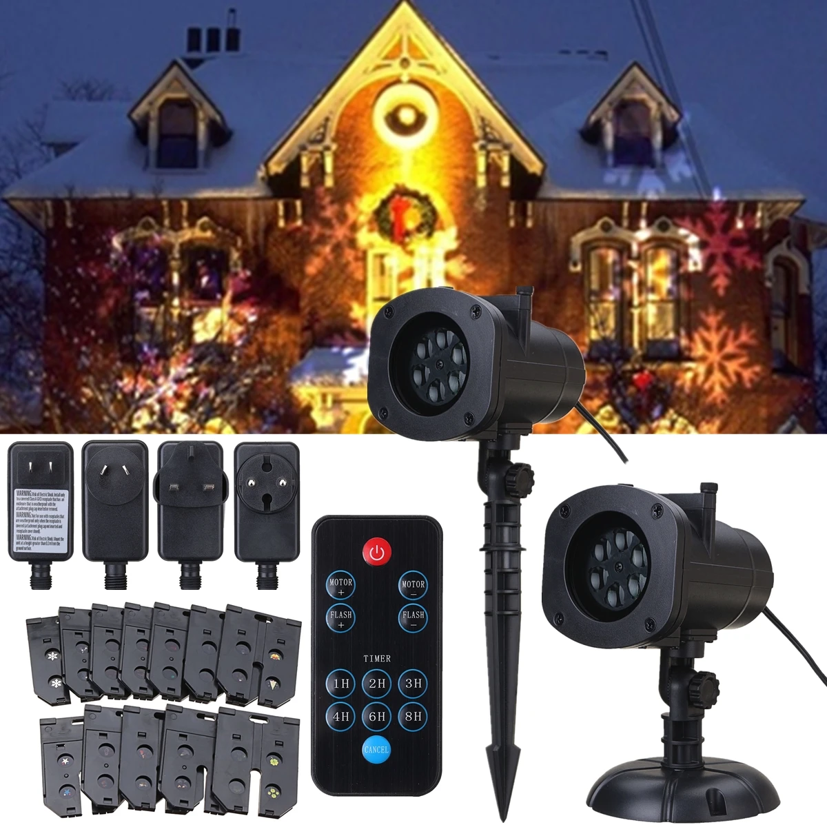 

Christmas Projection Light+12 Pattern Cards+Remote Control EU/US/UK/AU Plug 6 Color LED Lights Waterproof Flash Stage Lighting