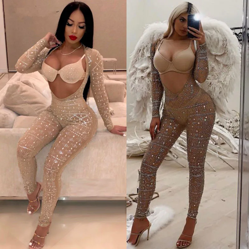 

Sexy Fashion Cut Out Rhinestone Studded Embellished Mesh Jumpsuit Glitter Crystal One Piece Jumpsuit Romper Party Trend Outfits