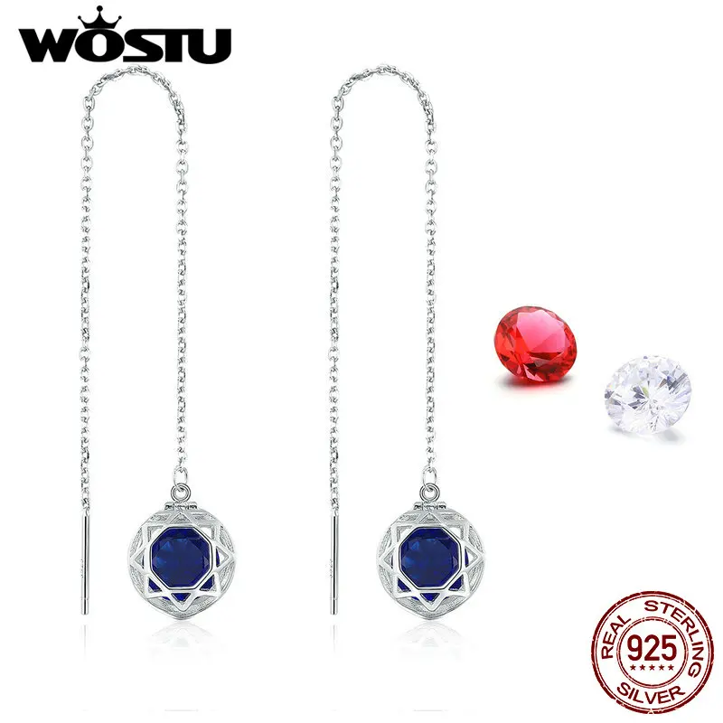 

WOSTU Replaceable Blue Red Cubic Zircon Long Chain Drop Earrings For Women 925 Sterling Silver Wedding Luxury Jewelry CQE555
