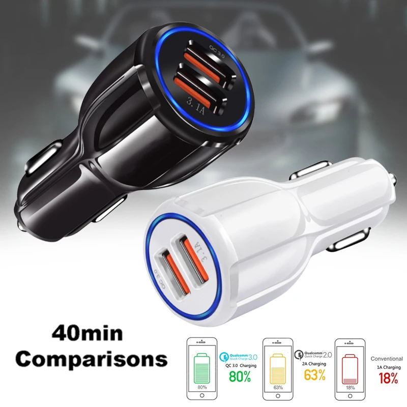 

Universal Dual USB Car Charger 9V, 12V-1.8A 5V 3.1A QC3.0 Fast Quick Charging LED Light Dual 2 USB Port Car Charger Adapter