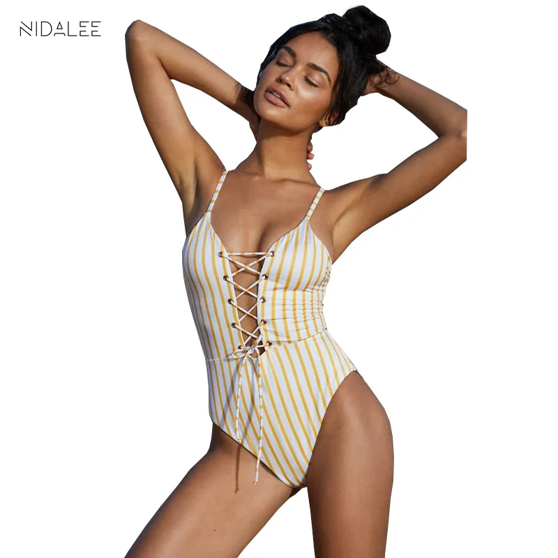 

NIDALEE Deep V Striped Women Swimwear One Piece Swimsuit Push Up Female Bodysuit Bathing Suit Beach Wear Bandage Monokini