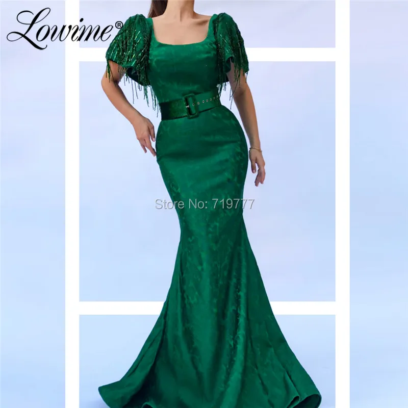 

Green Beaded Tassel Evening Dress 2019 Mermaid Prom Dresses With Short Sleeves Formal Arabic Party Gowns Aibye Vestido De Festa