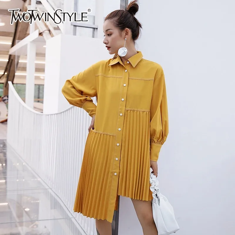 

TWOTWINSTYLE Asymmetrical Shirt Dresses Women Lantern Long Sleeve Pleated Hem Dress Female Fashion Clothes 2019 Autumn New
