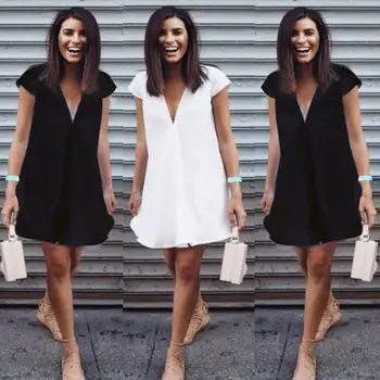 

NEW Women Sexy Casual Long Tops Ladies Summer Loose Casual Short Sleeves V-Neck Mini Dress Size S-XXXL