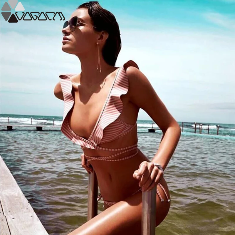 

Hot Sale Off The Shoulder Solid Ruffled Bikini Mujer 2019 New Sexy Swimwear Women Swimsuit Brazilian Bikini Set Thong Biquinis