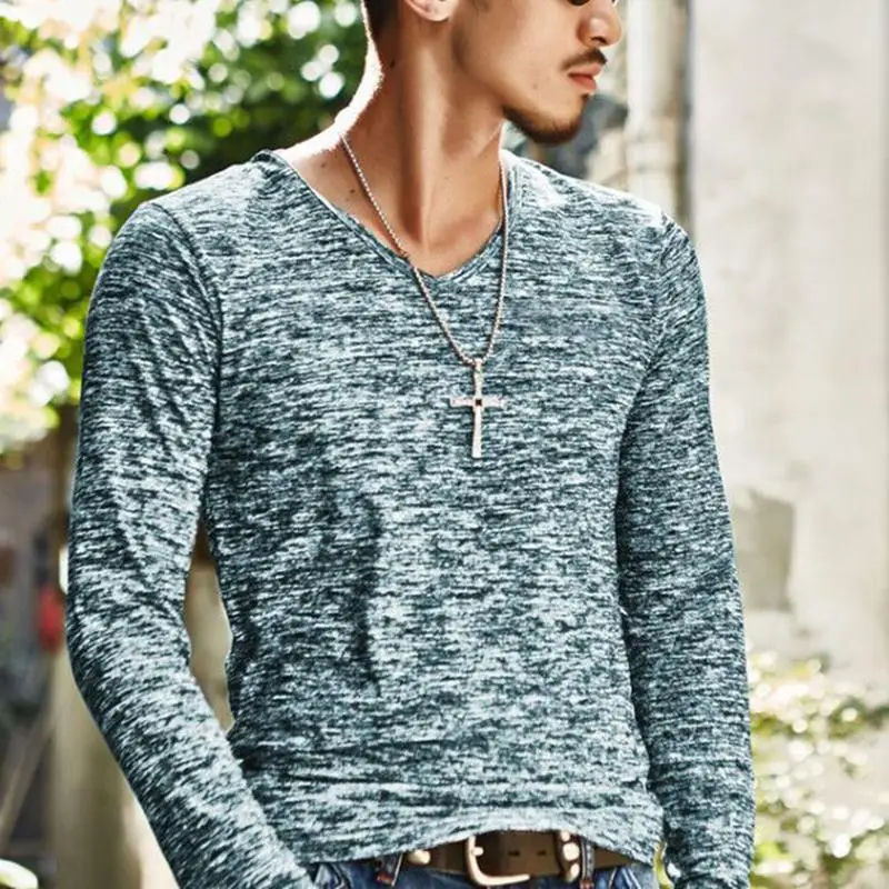 Fashion Striped Men T Shirts Sportswear Summer Top Tees Mens Clothing 2019 Long Sleeve V Neck Slim Tshirt Solid Casual Shirt | Мужская