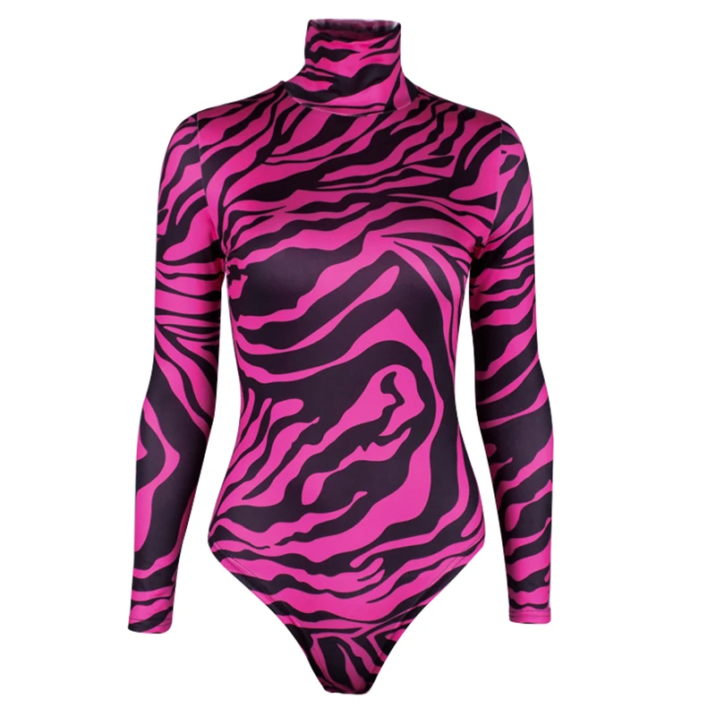 

New Sexy Women Bodysuits Zebra Print Turtleneck Long Sleeve Bodysuit 2019 Spring New Ladies Tights Bodycon Romper Jumpsuit
