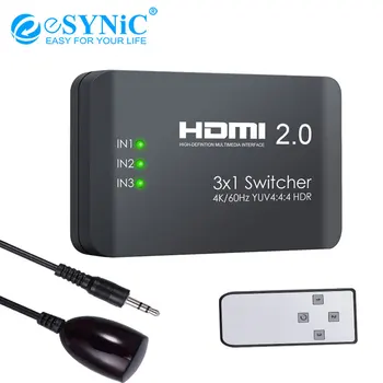 

eSYNiC 2.0 Switch 3 Port HDMI Switcher Hub 3 In 1 Out With Remote Control USB Power Cable Infrared Receiver Supports 4Kx2K HDR