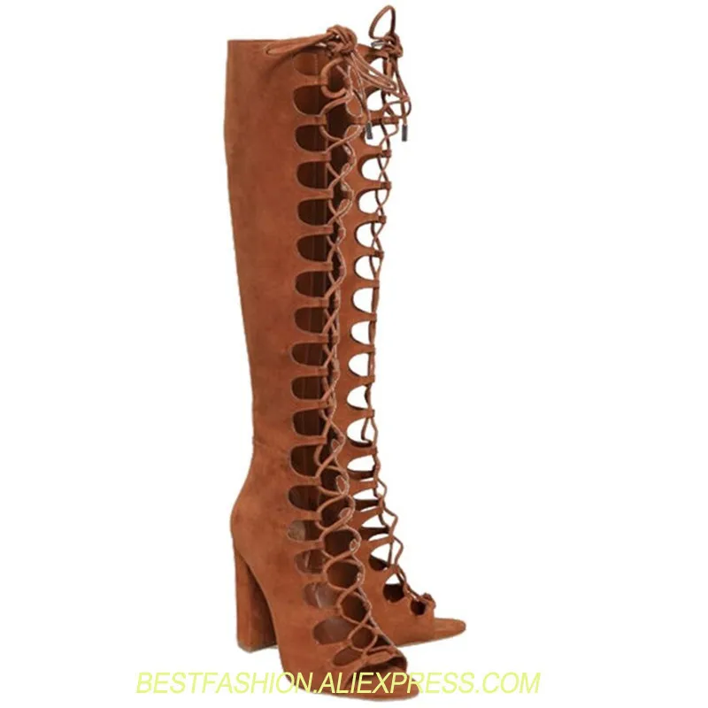 

Knee High Lace Up Women Boots Peep Toe Zapatos Mujer Sexy Rome Shoes Woman Brown Summer Long Booties Lady Pumps Stiletto Botas