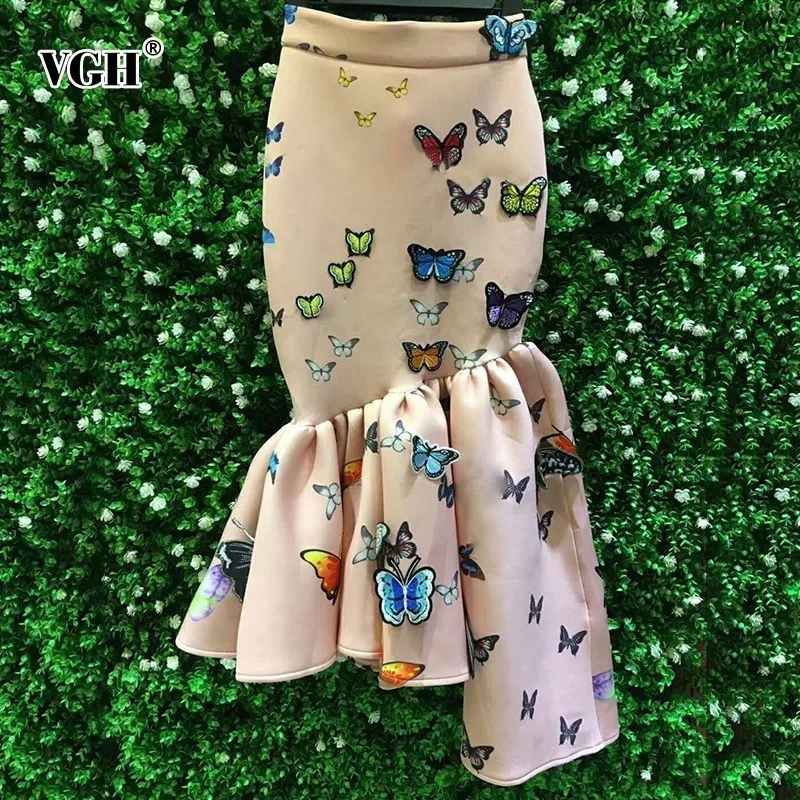 

VGH Summer Women's Skirt Bodycon High Waist Animal Print Butterfly Embroidery Hem Irregular Midi Skirt 2019 Korean Fashion Tide