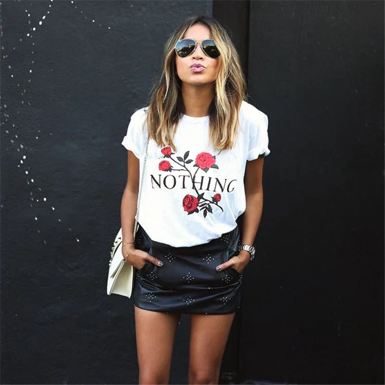 Женская футболка с надписью «Nothing» и принтом розы, летняя повседневная футболка с коротким рукавом и круглым вырезом, топы, Camisetas Mujer, летняя одежда
