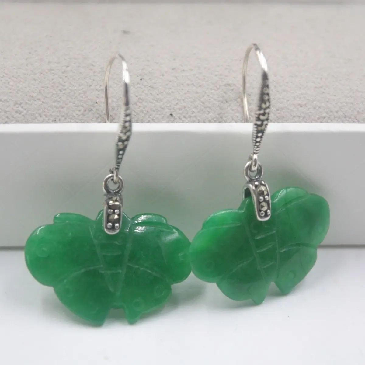 

Hot Sale Pure S925 Sterling Silver & Jade /Jasper Butterfly Dangle Earrings