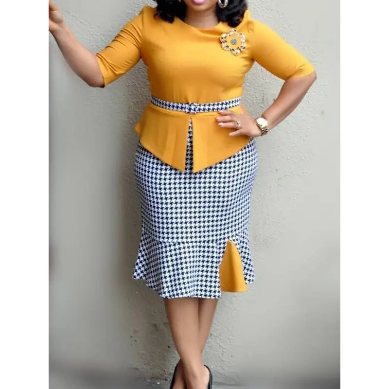 

Office Dress Women Elegant Work Wear Plaid Mermaid High Waist Plus Size Ruffles Summer Ladies Yellow Bodycon Midi Dress Trumpet