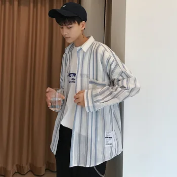 

Spring New Striped Shirt Men Fashion Letters Printed Casual Shirt Man Streetwear Trend Wild Loose Long-sleeved Shirt M-2XL