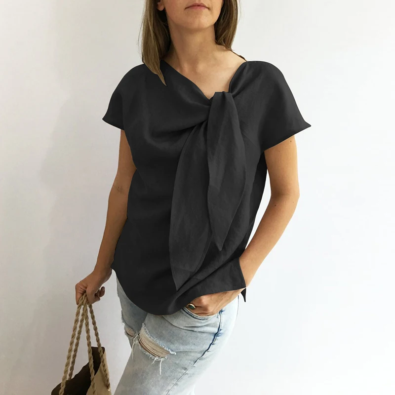 2019 Summer Vintage Ribbon Blouses Women O-Neck Short Sleeve Linen Shirt Female Casual Solid Loose Tops Plus Size 4XL 5XL 6XL 2019 Summer Vintage Ribbon Blouses Women O-Neck Short Sleeve Linen Shirt Female Casual Solid Loose Tops Plus Size 4XL 5XL 6XL