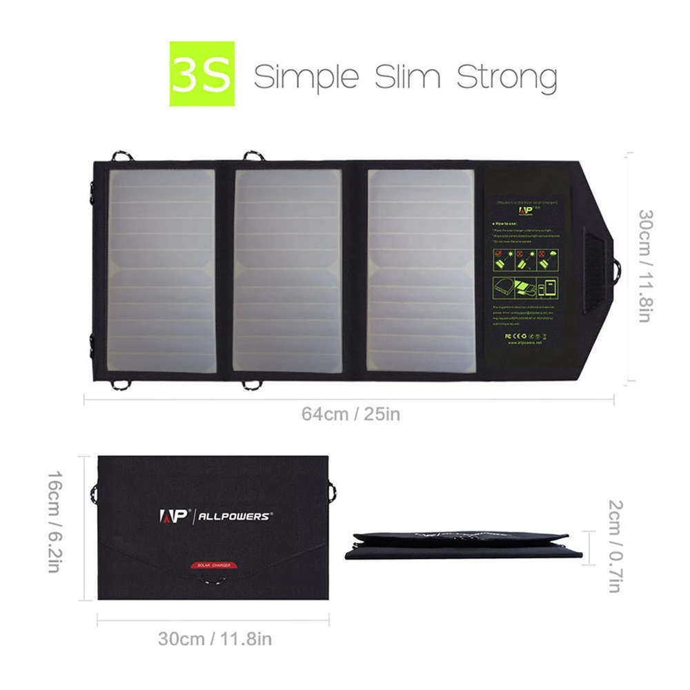 

ALLPOWERS 5V 21W Waterproof Solar Charger Foldable USB Solar Panel Power Bank Charger Battery for Smartphone Outdoor Camping
